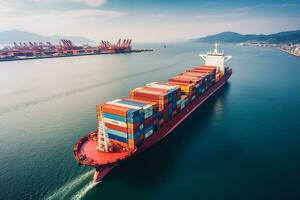 AI generated Aerial top down view of a large container cargo ship in motion over open ocean with copy space photo