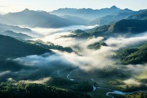 AI generated Amazing aerial view of beautiful low clouds creeping on the tree-covered mountain slopes photo