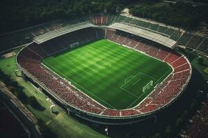 ai generado aéreo estableciendo Disparo de un todo estadio con fútbol campeonato fósforo. equipos jugar, multitud de aficionados alegría. Deportes concepto. foto