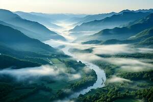AI generated Amazing aerial view of beautiful low clouds creeping on the tree-covered mountain slopes photo