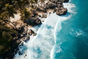 AI generated Top view aerial image from drone of an stunning beautiful sea landscape beach with turquoise water with copy space photo