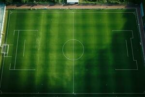 ai generado verde fútbol campo o fútbol americano campo parte superior ver con realista césped textura y siega patrón, realista fútbol americano tono foto