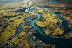 AI generated River and green forest natural park, aerial view photo