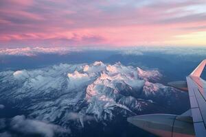 ai generado aéreo puesta de sol ver terminado el azul cresta montañas desde el cabina de un privado aeronave. cielo con nubes cielo antecedentes foto