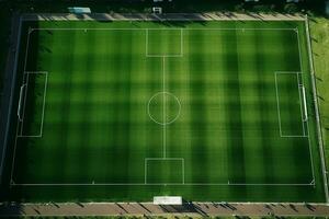 ai generado verde fútbol campo o fútbol americano campo parte superior ver con realista césped textura y siega patrón, realista fútbol americano tono foto