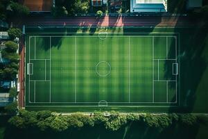 ai generado verde fútbol campo o fútbol americano campo parte superior ver con realista césped textura y siega patrón, realista fútbol americano tono foto