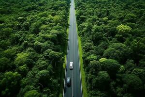 ai generado aéreo ver de un la carretera en el medio de el bosque foto