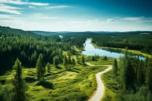 AI generated Aerial view of a road in the middle of the forest , road curve construction up to mountain photo