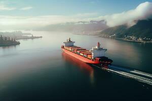 AI generated Aerial top down view of a large container cargo ship in motion over open ocean with copy space photo