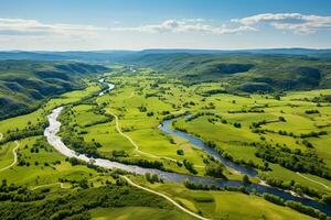 AI generated River and green forest natural park, aerial view photo