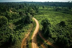 ai generado aéreo ver de un la carretera en el medio de el bosque , la carretera curva construcción arriba a montaña foto