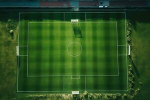 ai generado verde fútbol campo o fútbol americano campo parte superior ver con realista césped textura y siega patrón, realista fútbol americano tono foto