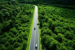 ai generado aéreo ver de un la carretera en el medio de el bosque foto