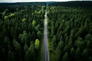 ai generado aéreo ver de un la carretera en el medio de el bosque foto