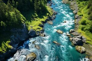 AI generated River and green forest natural park, aerial view photo