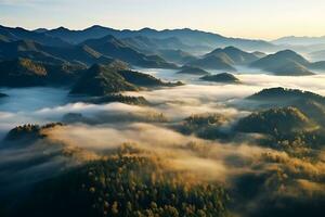 AI generated Amazing aerial view of beautiful low clouds creeping on the tree-covered mountain slopes photo