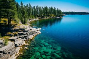 ai generado aéreo ver de azul lago Roca apuntalar y y verde bosque con pino arboles en verano foto