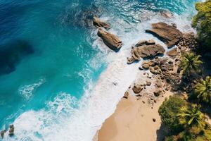 AI generated Top view aerial image from drone of an stunning beautiful sea landscape beach with turquoise water with copy space photo