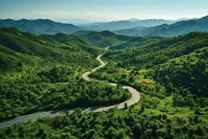 AI generated Aerial view of a road in the middle of the forest photo