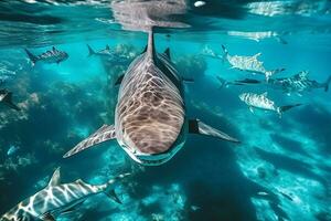 ai generado aéreo ver de delfines nadando mediante tropical azul agua foto