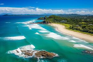 AI generated Aerial landscape view of tropical summer palm trees shadows on sandy coast ocean waves splash crash. Beautiful top view sunny sea coast, exotic amazing nature landscape photo