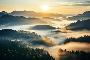 AI generated Amazing aerial view of beautiful low clouds creeping on the tree-covered mountain slopes photo