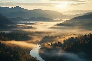 AI generated Amazing aerial view of beautiful low clouds creeping on the tree-covered mountain slopes photo