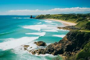 AI generated Aerial landscape view of tropical summer palm trees shadows on sandy coast ocean waves splash crash. Beautiful top view sunny sea coast, exotic amazing nature landscape photo