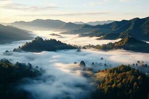 AI generated Amazing aerial view of beautiful low clouds creeping on the tree-covered mountain slopes photo