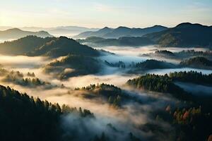 AI generated Amazing aerial view of beautiful low clouds creeping on the tree-covered mountain slopes photo