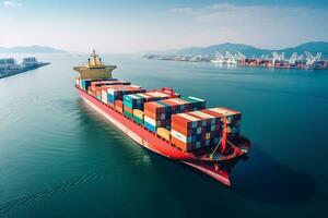 AI generated Aerial top down view of a large container cargo ship in motion over open ocean with copy space photo