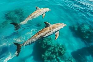 AI generated Aerial view of dolphins swimming through tropical blue water photo