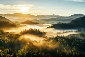 AI generated Amazing aerial view of beautiful low clouds creeping on the tree-covered mountain slopes photo