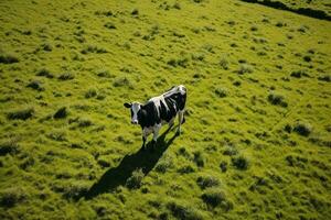 AI generated Aerial view of cow on green meadow in summer. photo