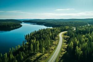 ai generado aéreo ver de un la carretera en el medio de el bosque foto