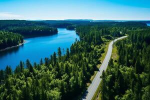 ai generado aéreo ver de un la carretera en el medio de el bosque foto