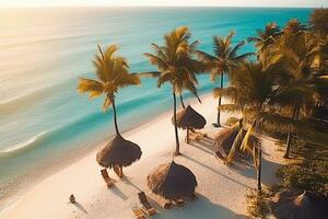 ai generado aéreo vista, increíble playa con paraguas y salón sillas camas cerca a turquesa mar. hermosa ver verano playa paisaje idílico relajarse tranquilo Pareja vacaciones, romántico fiesta foto