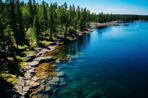 AI generated Aerial view of blue lake stone shore and and green woods with pine trees in summer photo