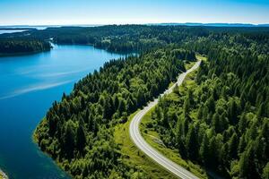 AI generated Aerial view of a road in the middle of the forest photo