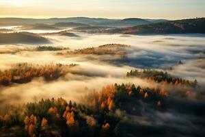 AI generated Amazing aerial view of beautiful low clouds creeping on the tree-covered mountain slopes photo