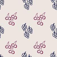 dibujado a mano sencillo vector sin costura modelo. garabatear contorno de Cereza bayas, racimos de uvas en un ligero lila-rosa antecedentes. para etiquetas, comercio, mercado, tela huellas dactilares, textil productos