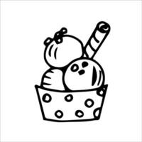 Hand-drawn simple sketch with black outline, vector drawing. Balls of ice cream with sprinkles, a sweet straw, in a cup of polka dots. Summer dessert, cafe, menu.