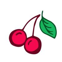 Hand-drawn color simple vector drawing. Two bright pink cherries, green leaf isolated on white background. Garden berries, fruits, menu ingredient. For label prints, packaging.