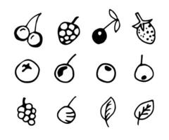 Hand-drawn simple vector set of forest and garden berries in black outline on a white background. For the design of prints, stickers, product labels. Summer season harvest.