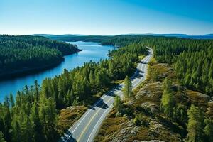 ai generado aéreo ver de un la carretera en el medio de el bosque foto