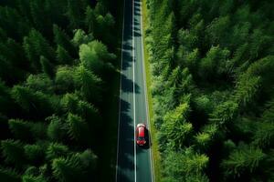 ai generado aéreo ver de un la carretera en el medio de el bosque foto