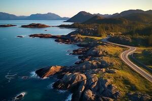 AI generated Aerial view of road, rocky sea coast with waves and stones at sunset Landscape with beautiful road, transparent blue water, rocks. Top view from drone of highway in summer photo