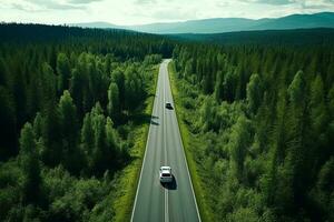 ai generado aéreo ver de un la carretera en el medio de el bosque foto