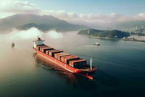 AI generated Aerial top down view of a large container cargo ship in motion over open ocean with copy space photo