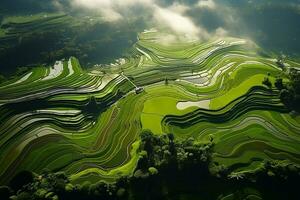 AI generated Top view or aerial shot of fresh green and yellow rice fields photo